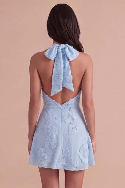 Blue Floral Appliqued Halter A-Line Short Homecoming Dress