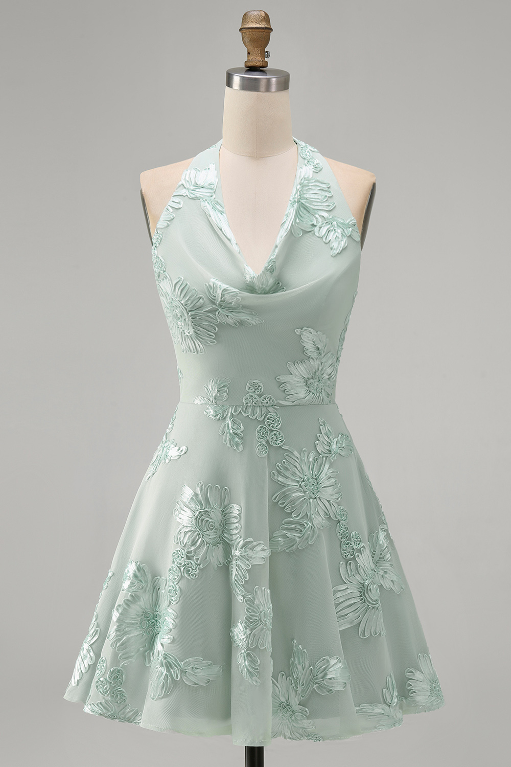Blue Floral Appliqued Halter A-Line Short Homecoming Dress