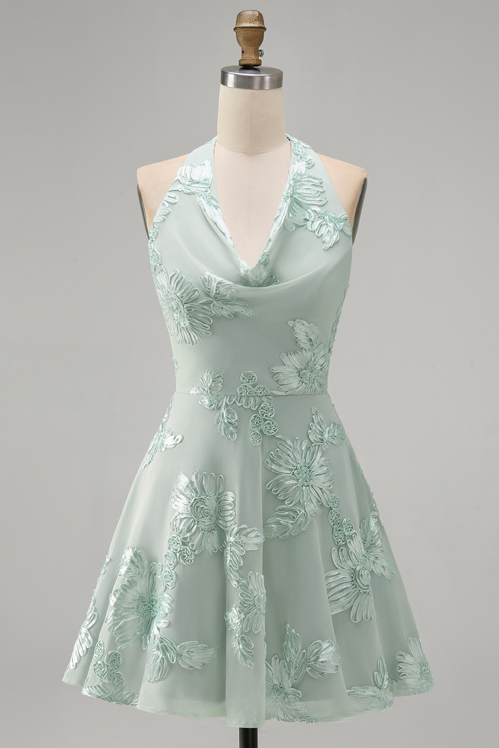Blue Floral Appliqued Halter A-Line Short Homecoming Dress