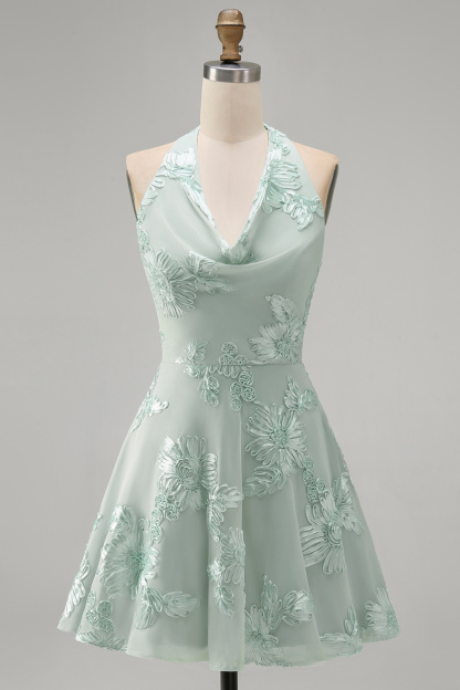 Blue Floral Appliqued Halter A-Line Short Homecoming Dress