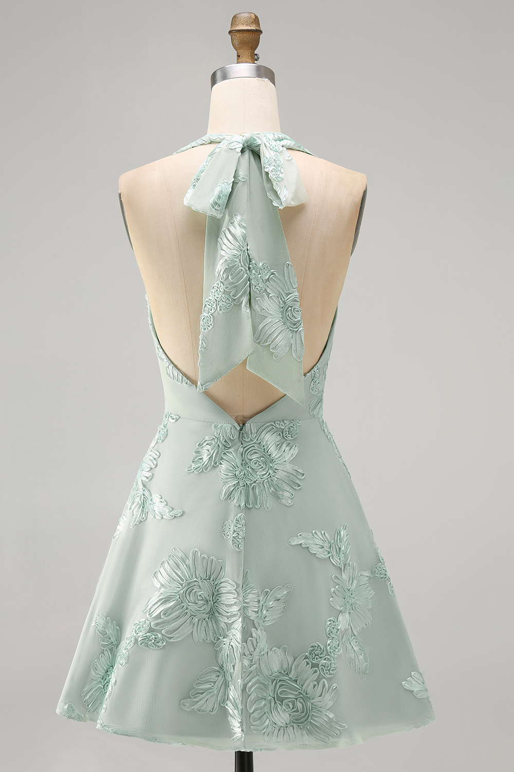Blue Floral Appliqued Halter A-Line Short Homecoming Dress