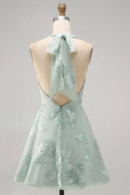 Blue Floral Appliqued Halter A-Line Short Homecoming Dress