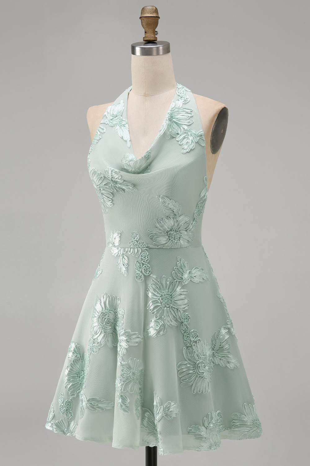 Blue Floral Appliqued Halter A-Line Short Homecoming Dress