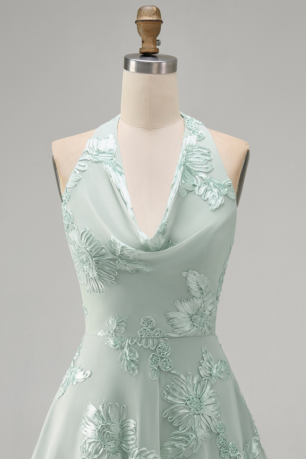 Blue Floral Appliqued Halter A-Line Short Homecoming Dress