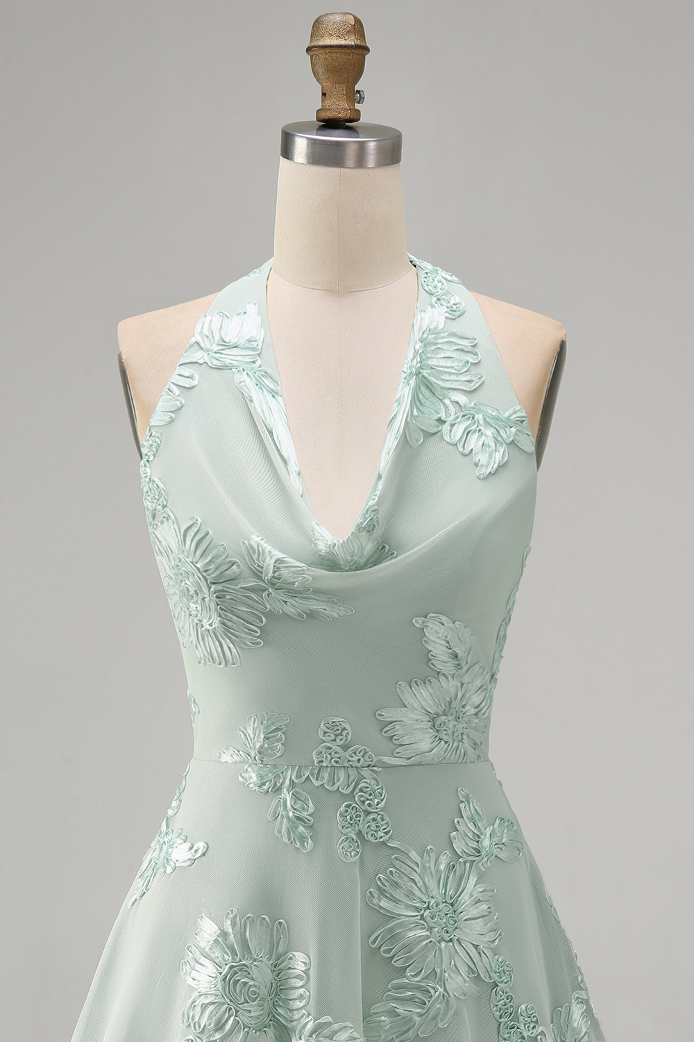 Blue Floral Appliqued Halter A-Line Short Homecoming Dress