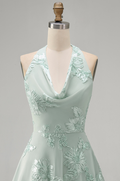 Blue Floral Appliqued Halter A-Line Short Homecoming Dress
