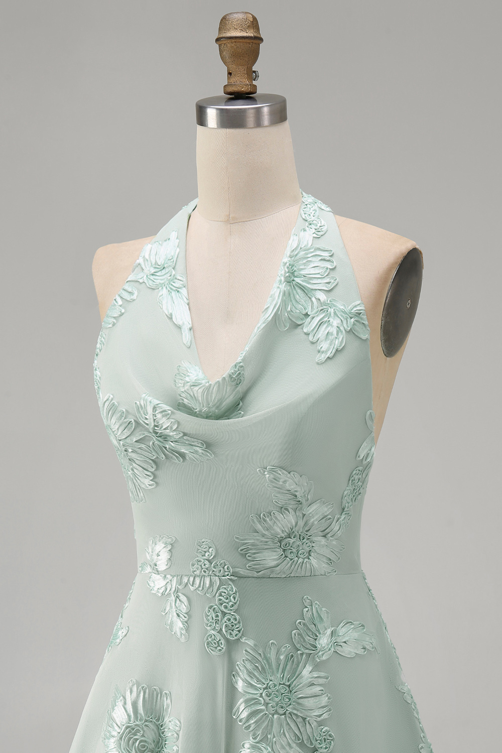 Blue Floral Appliqued Halter A-Line Short Homecoming Dress
