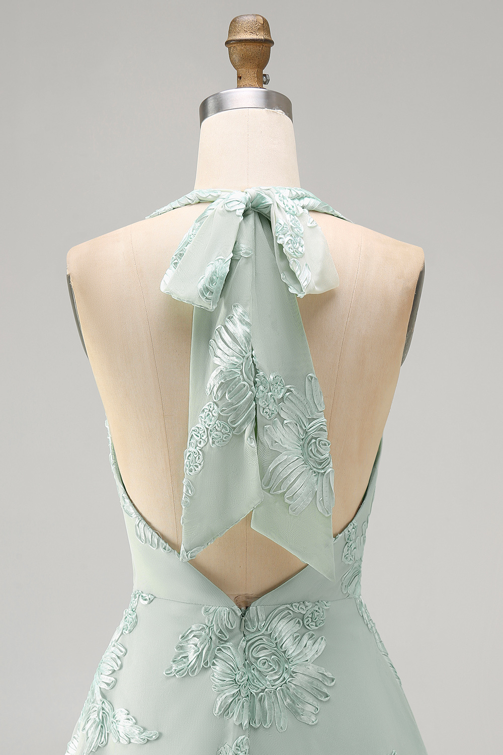 Blue Floral Appliqued Halter A-Line Short Homecoming Dress
