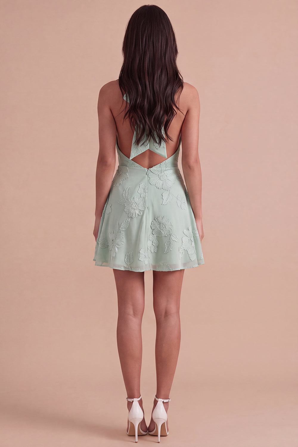 Blue Floral Appliqued Halter A-Line Short Homecoming Dress