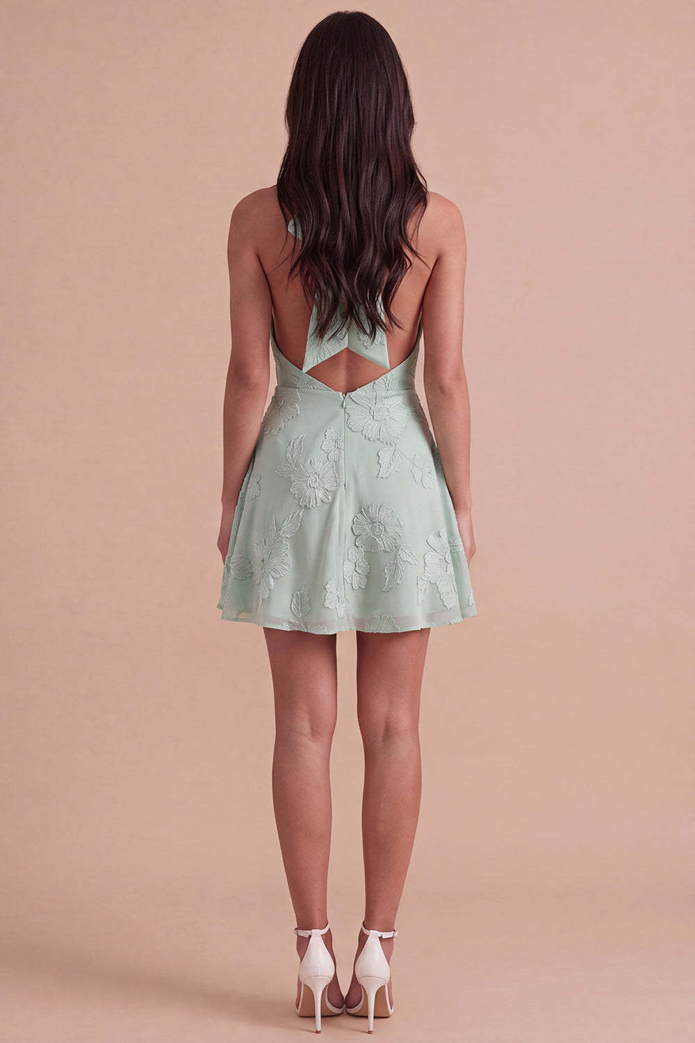Blue Floral Appliqued Halter A-Line Short Homecoming Dress