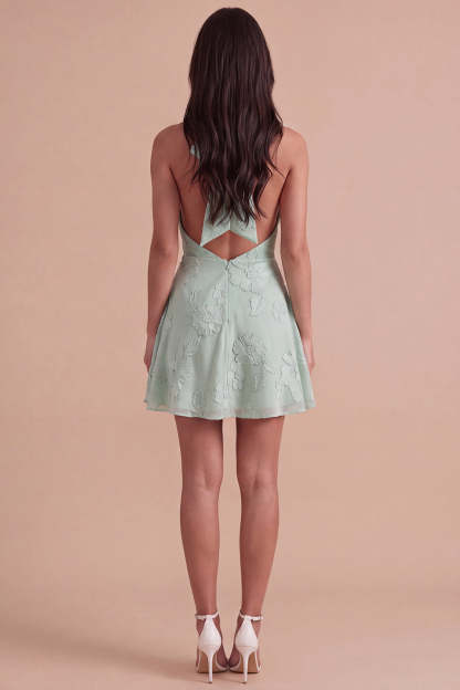 Blue Floral Appliqued Halter A-Line Short Homecoming Dress