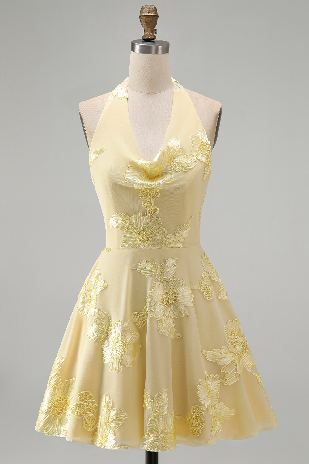 Blue Floral Appliqued Halter A-Line Short Homecoming Dress