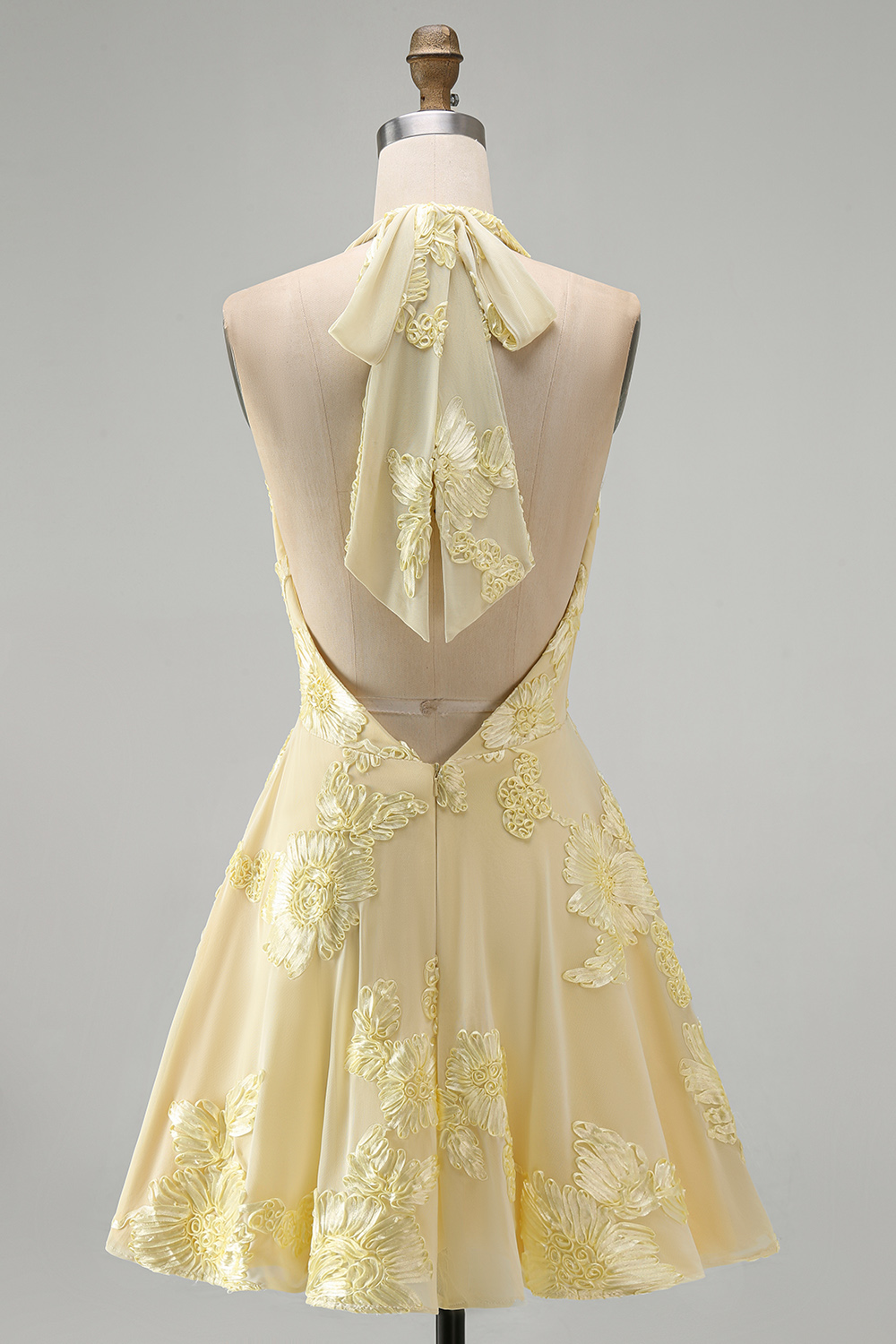 Blue Floral Appliqued Halter A-Line Short Homecoming Dress