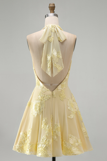 Blue Floral Appliqued Halter A-Line Short Homecoming Dress