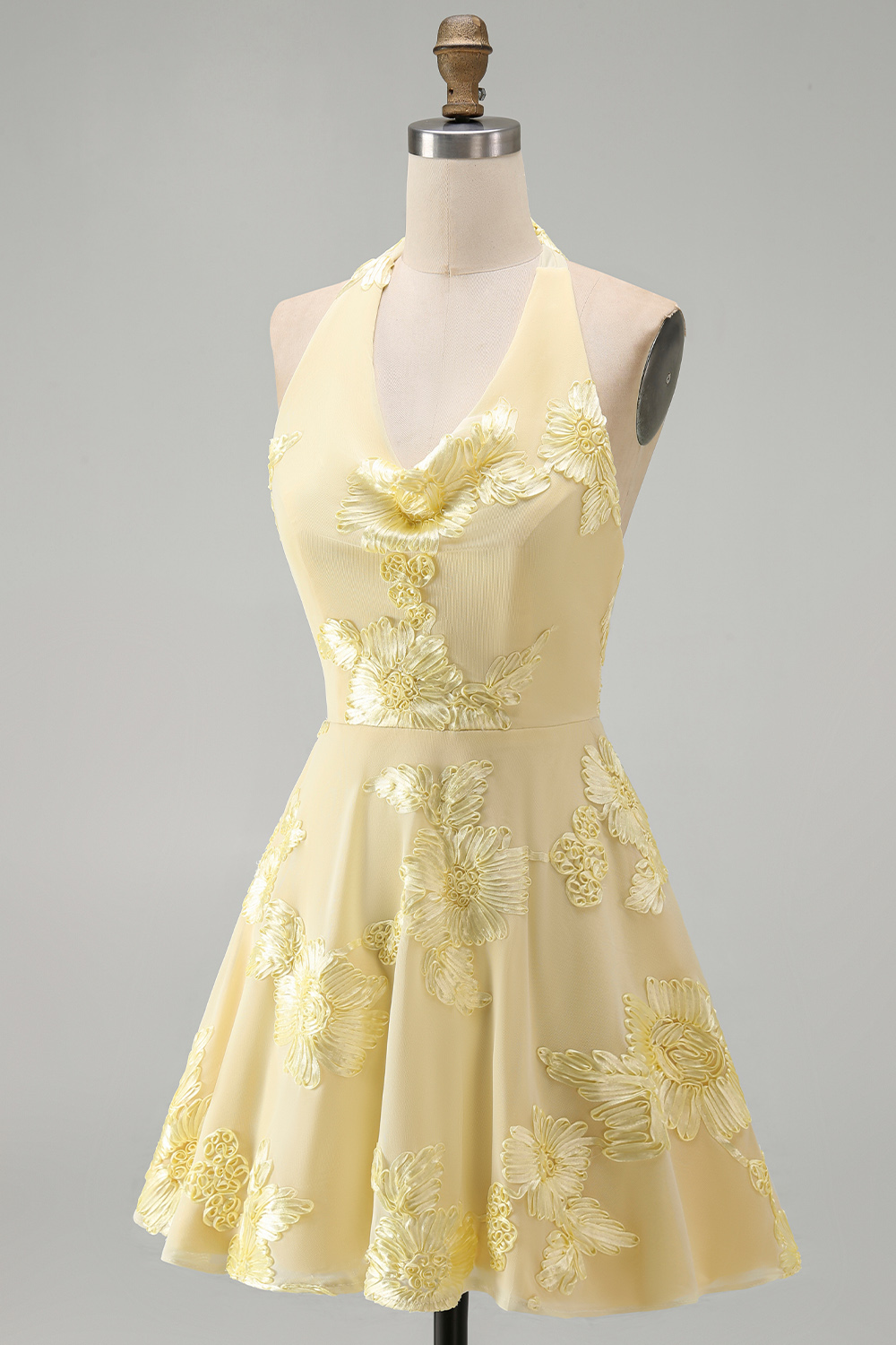 Blue Floral Appliqued Halter A-Line Short Homecoming Dress