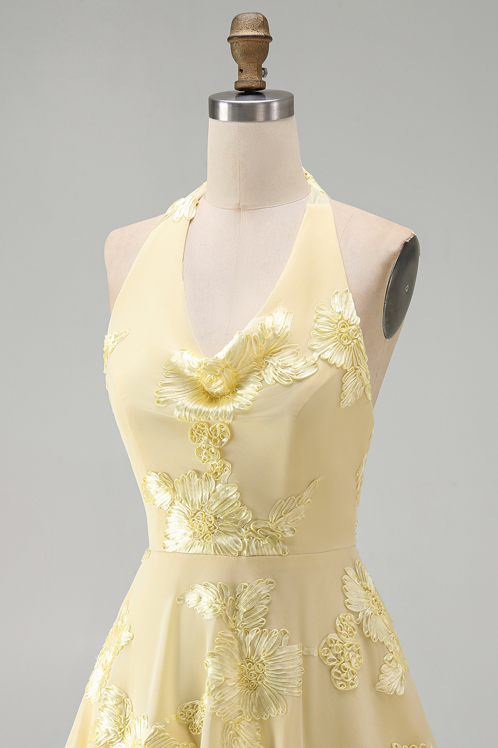 Blue Floral Appliqued Halter A-Line Short Homecoming Dress