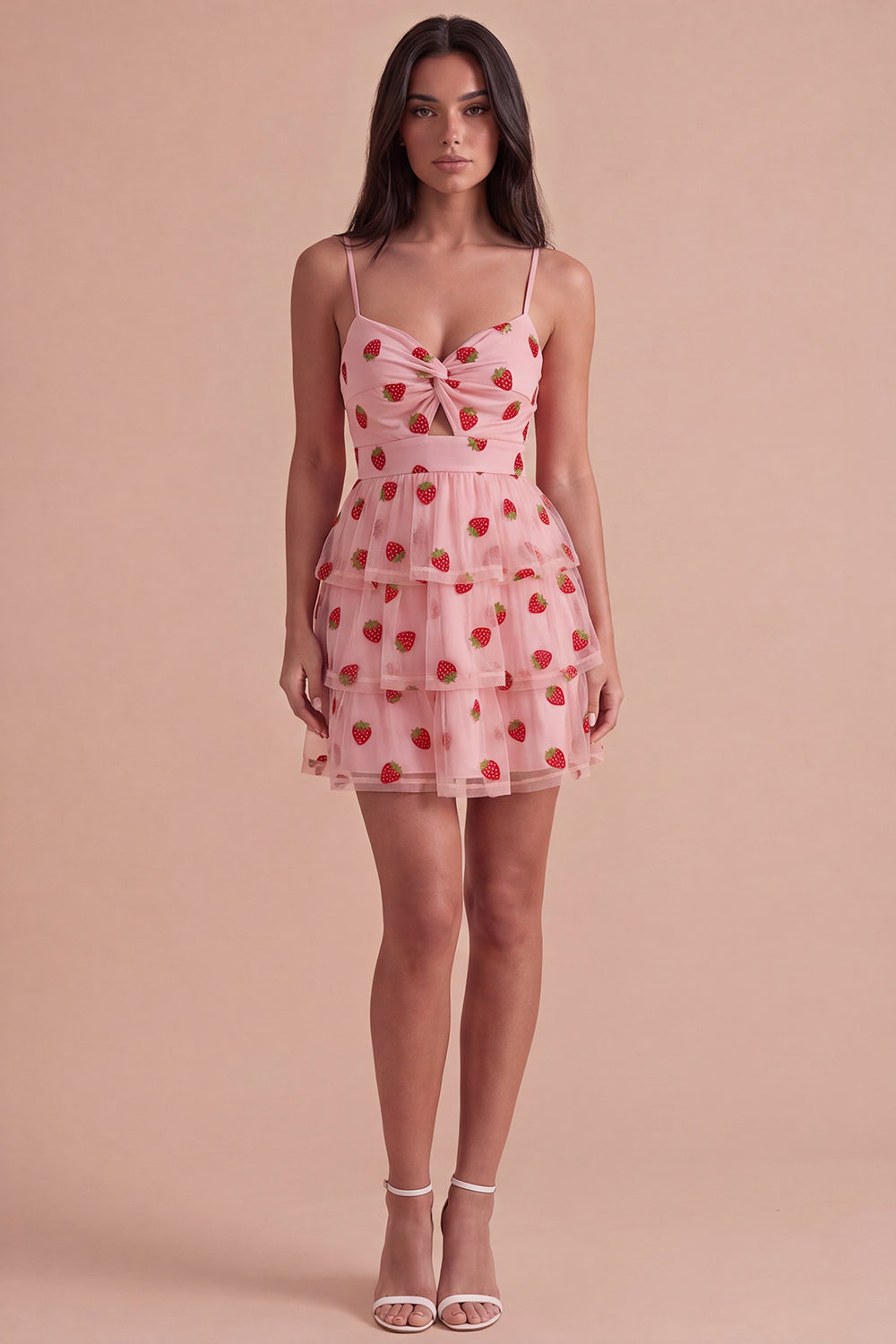 Pink Strawberry Keyhole Ruched A-Line Ruffled Short Homecoming Dress