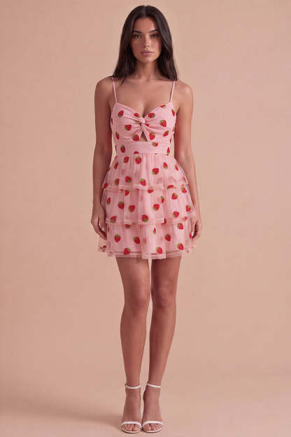 Pink Strawberry Keyhole Ruched A-Line Ruffled Short Homecoming Dress