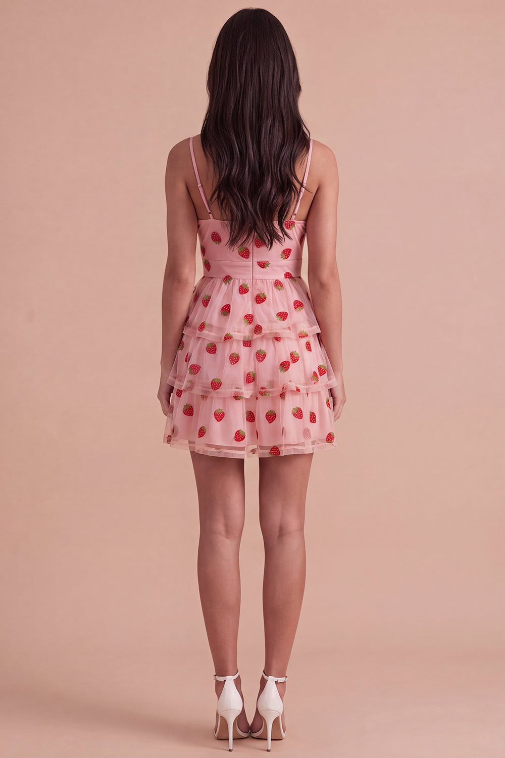 Pink Strawberry Keyhole Ruched A-Line Ruffled Short Homecoming Dress