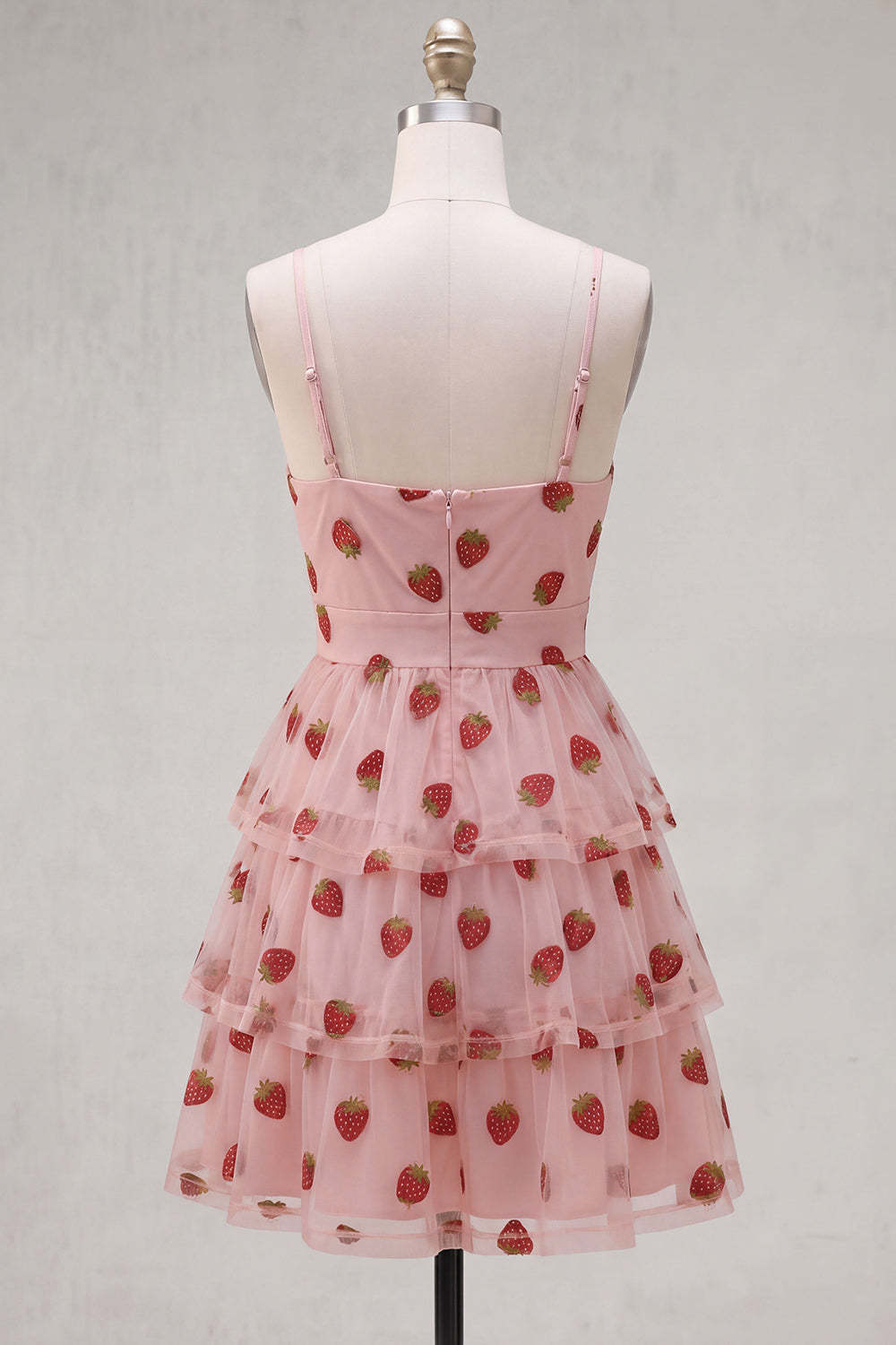 Pink Strawberry Keyhole Ruched A-Line Ruffled Short Homecoming Dress