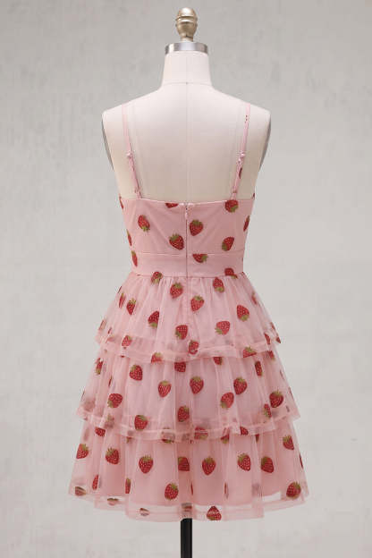 Pink Strawberry Keyhole Ruched A-Line Ruffled Short Homecoming Dress