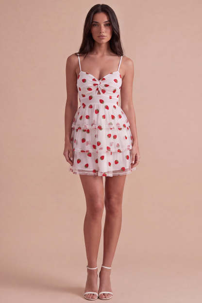Pink Strawberry Keyhole Ruched A-Line Ruffled Short Homecoming Dress