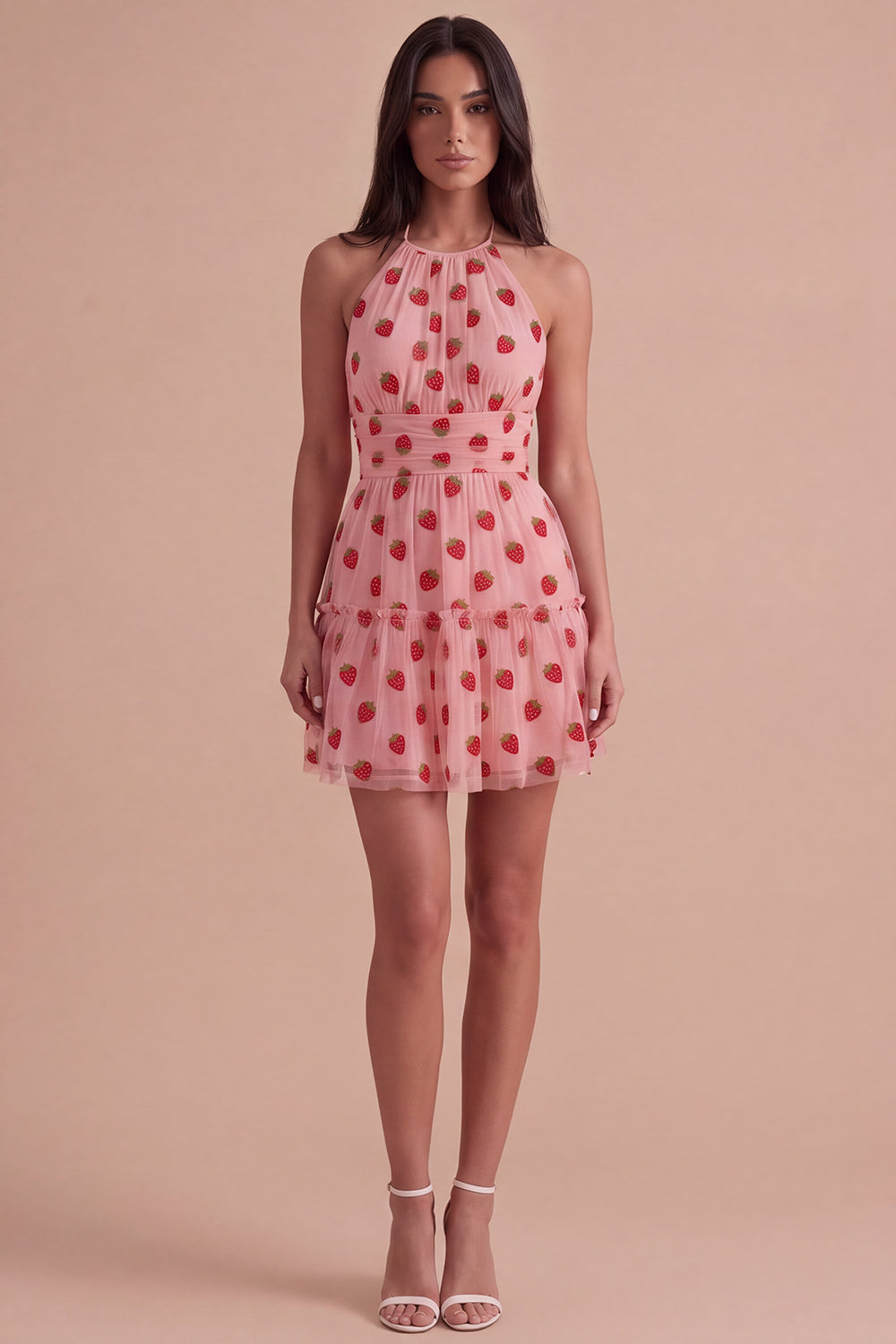 Pink Halter Strawberry A-Line Ruffled Tiered Short Homecoming Dress