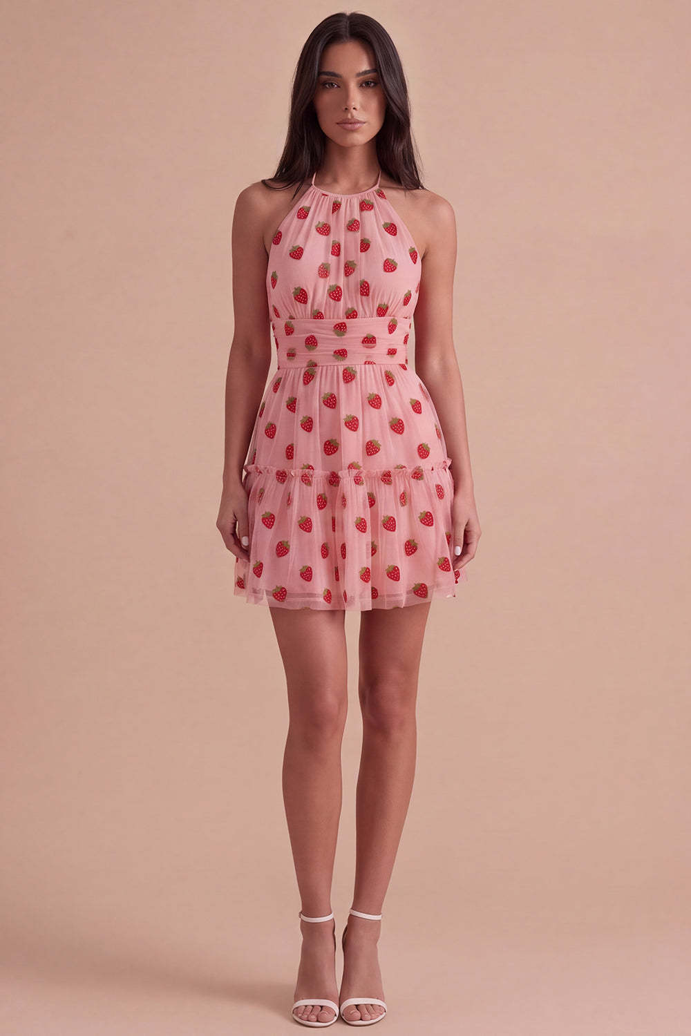 Pink Halter Strawberry A-Line Ruffled Tiered Short Homecoming Dress