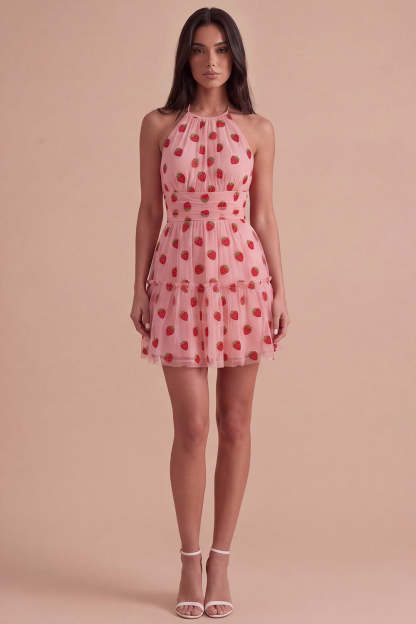 Pink Halter Strawberry A-Line Ruffled Tiered Short Homecoming Dress