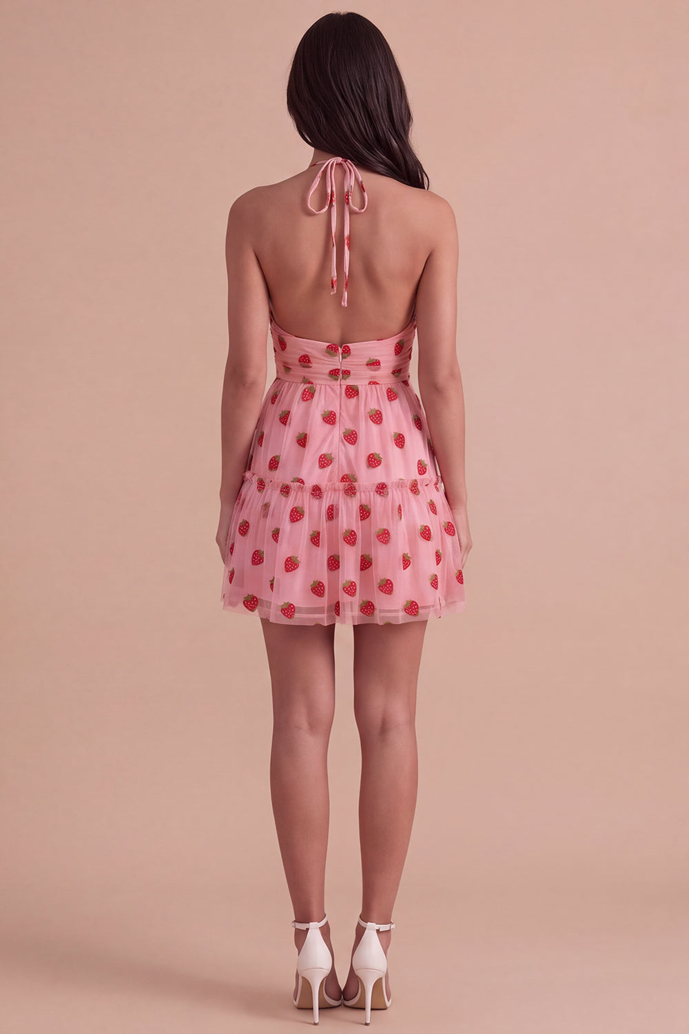 Pink Halter Strawberry A-Line Ruffled Tiered Short Homecoming Dress