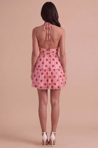 Pink Halter Strawberry A-Line Ruffled Tiered Short Homecoming Dress