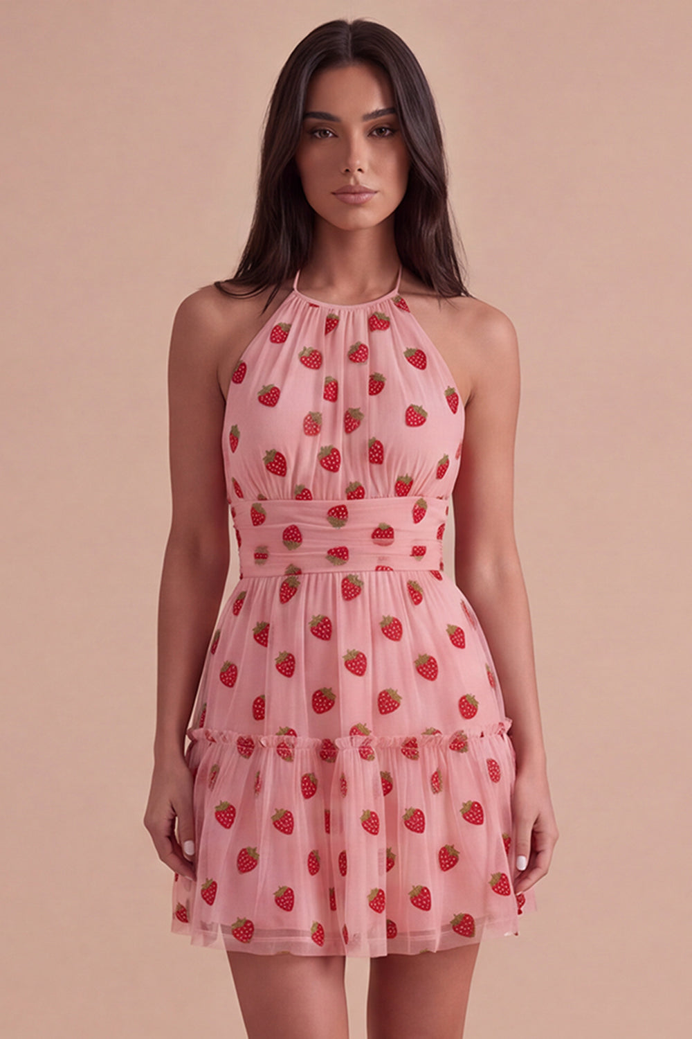 Pink Halter Strawberry A-Line Ruffled Tiered Short Homecoming Dress