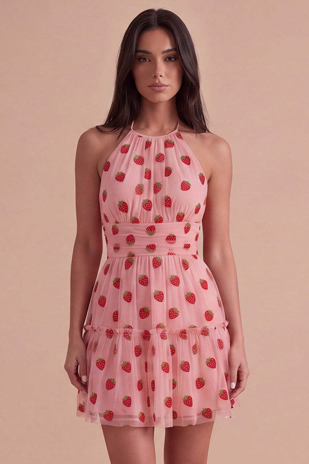 Leely Women Pink Strawberry Ruffled Short Homecoming Dress Halter A-Line Tiered Cocktail Dress