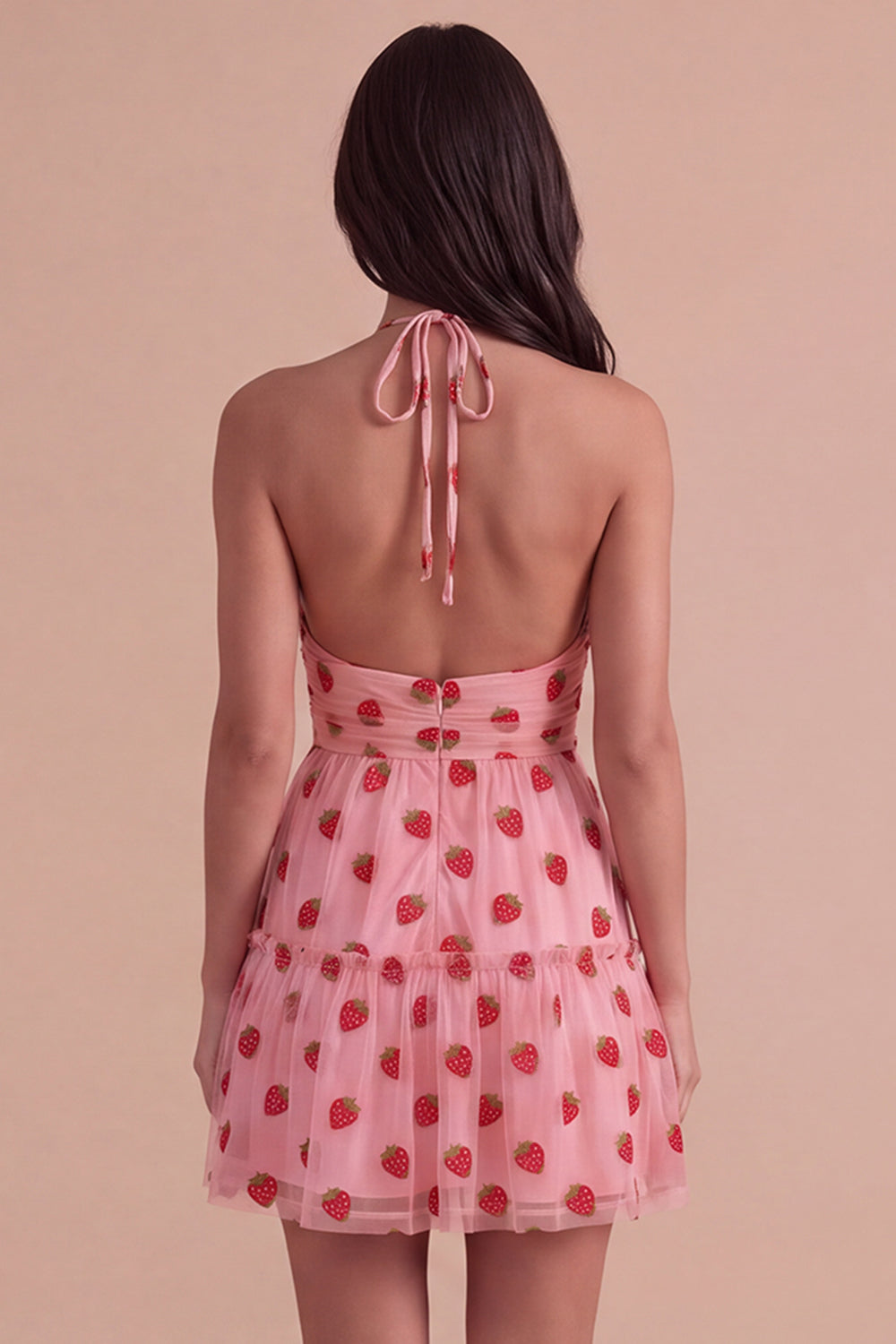 Pink Halter Strawberry A-Line Ruffled Tiered Short Homecoming Dress