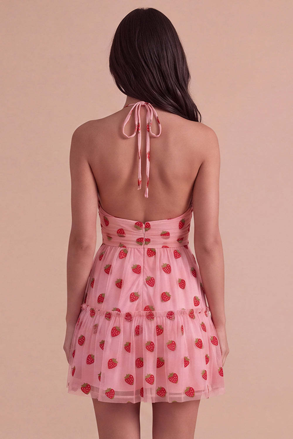 Pink Halter Strawberry A-Line Ruffled Tiered Short Homecoming Dress