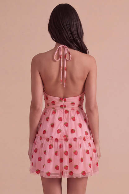 Pink Halter Strawberry A-Line Ruffled Tiered Short Homecoming Dress