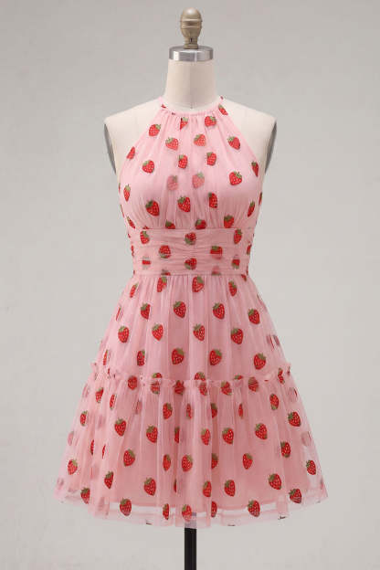 Pink Halter Strawberry A-Line Ruffled Tiered Short Homecoming Dress