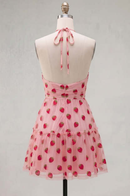 Pink Halter Strawberry A-Line Ruffled Tiered Short Homecoming Dress