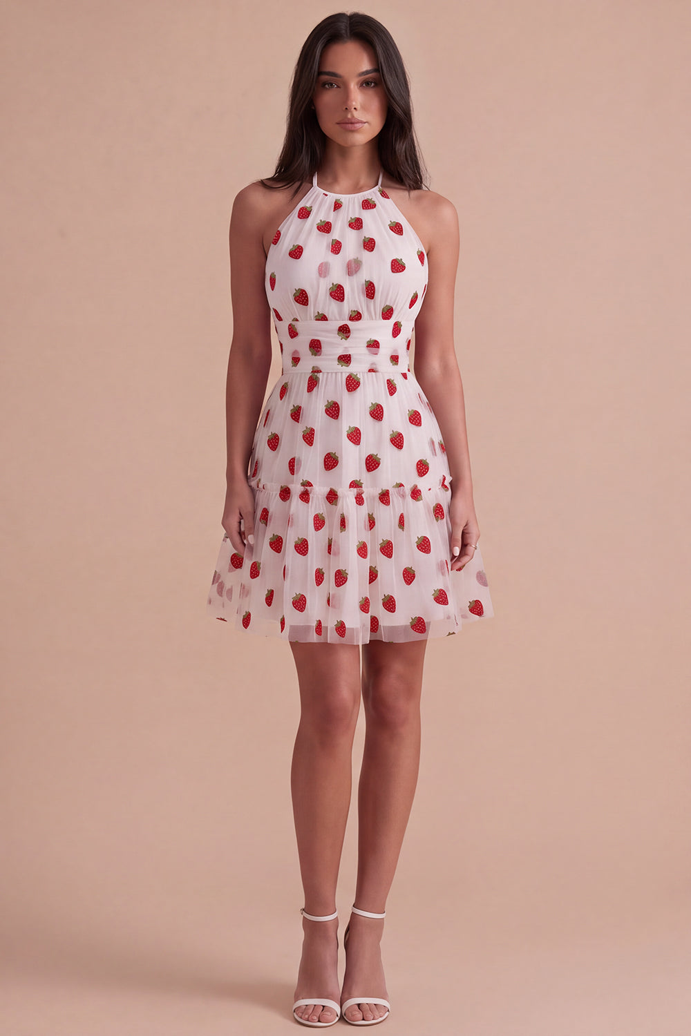 Pink Halter Strawberry A-Line Ruffled Tiered Short Homecoming Dress