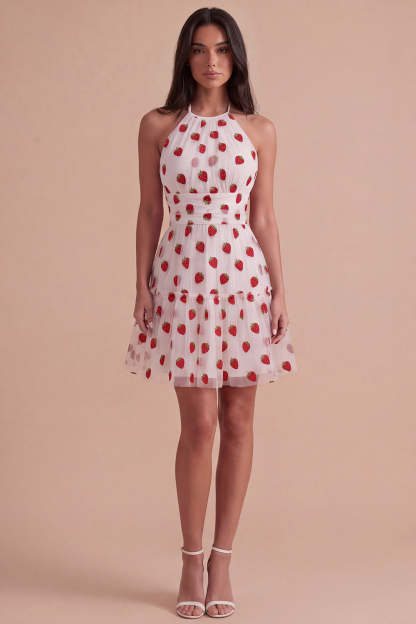 Pink Halter Strawberry A-Line Ruffled Tiered Short Homecoming Dress