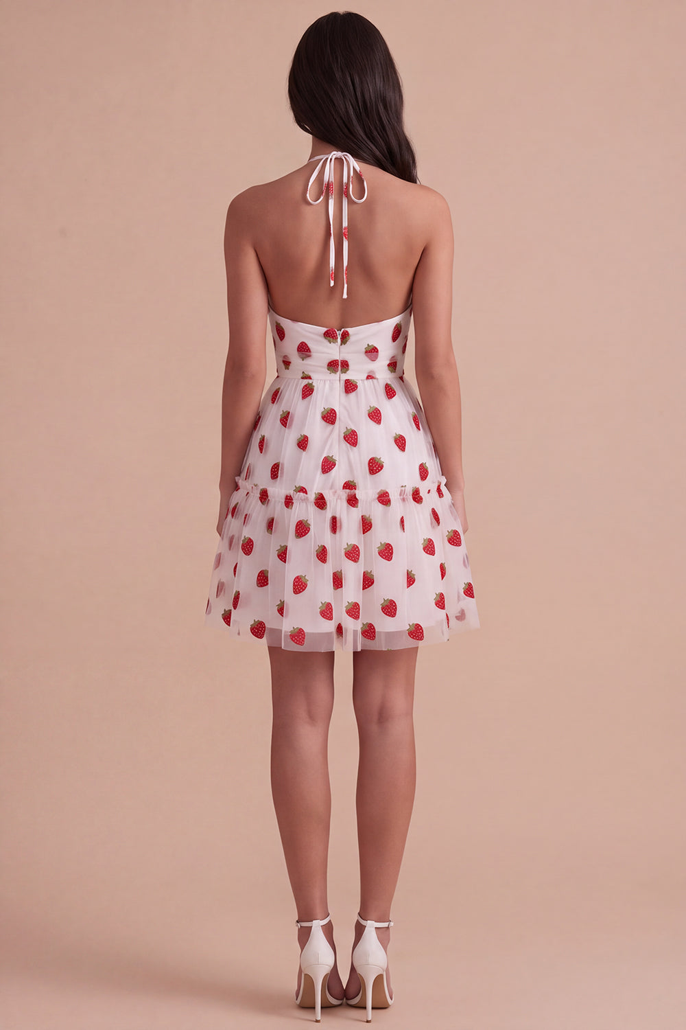 Pink Halter Strawberry A-Line Ruffled Tiered Short Homecoming Dress