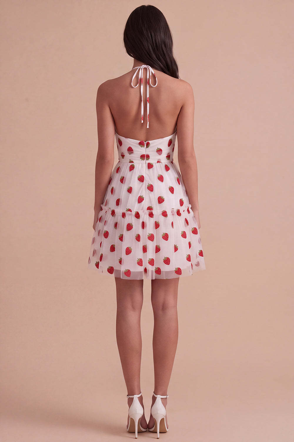 Pink Halter Strawberry A-Line Ruffled Tiered Short Homecoming Dress