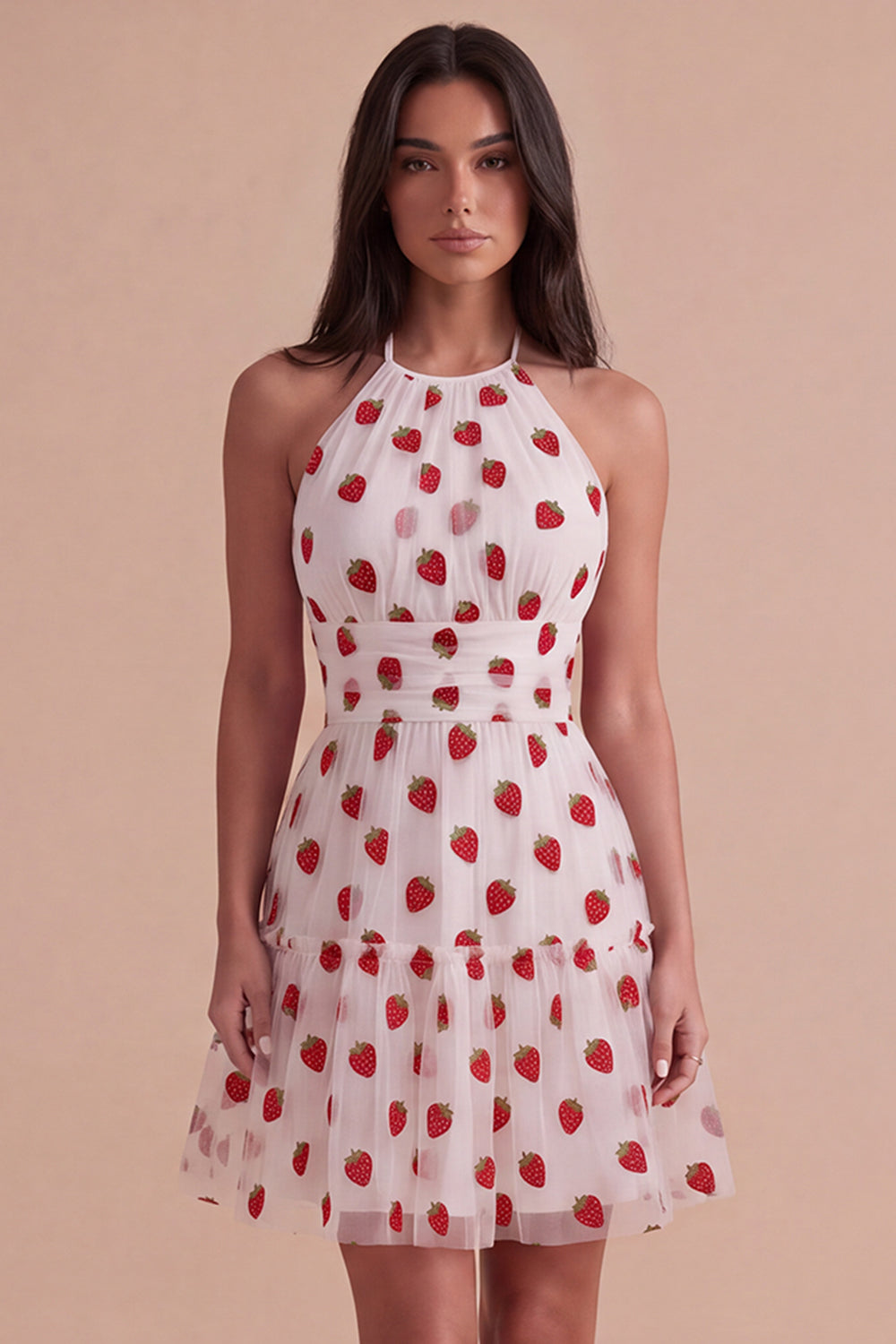 Pink Halter Strawberry A-Line Ruffled Tiered Short Homecoming Dress