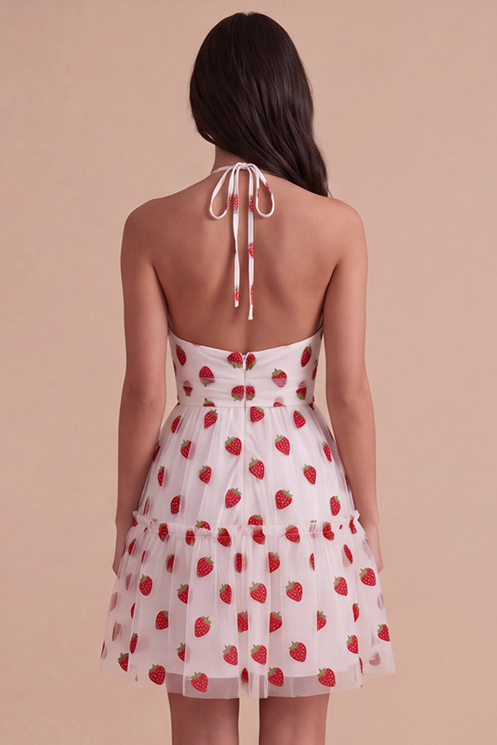 Pink Halter Strawberry A-Line Ruffled Tiered Short Homecoming Dress