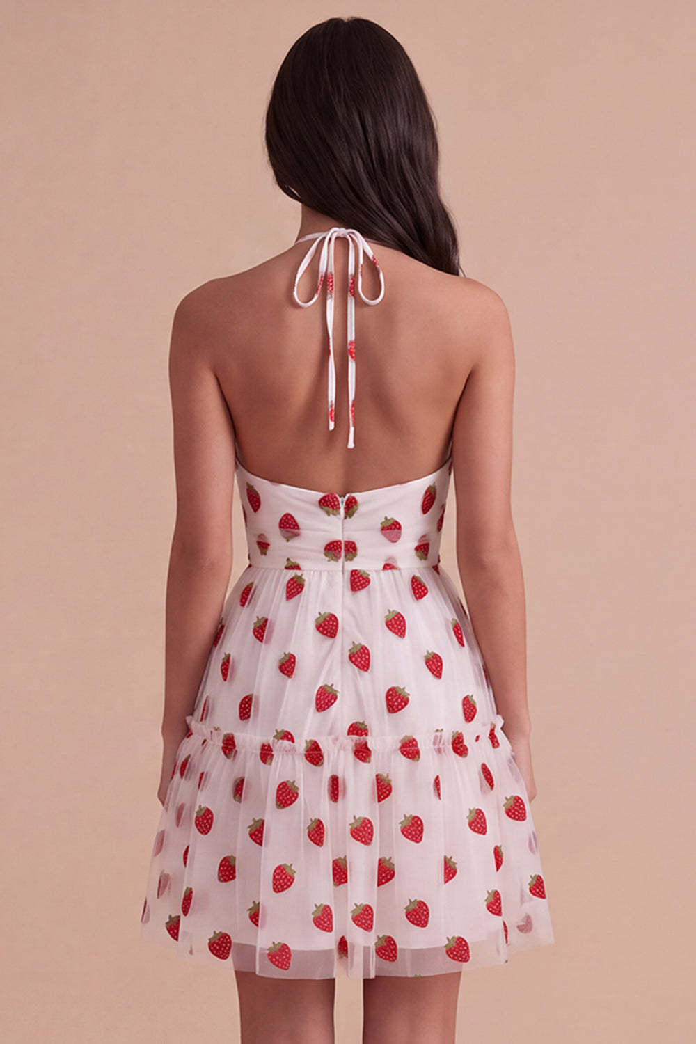 Pink Halter Strawberry A-Line Ruffled Tiered Short Homecoming Dress