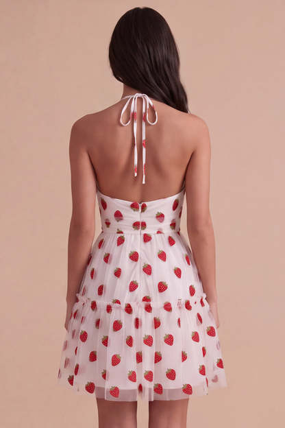 Pink Halter Strawberry A-Line Ruffled Tiered Short Homecoming Dress