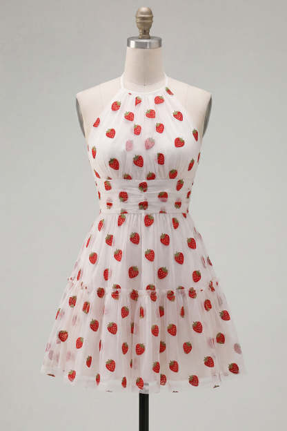 Pink Halter Strawberry A-Line Ruffled Tiered Short Homecoming Dress