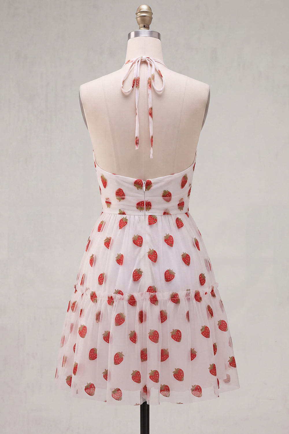 Pink Halter Strawberry A-Line Ruffled Tiered Short Homecoming Dress