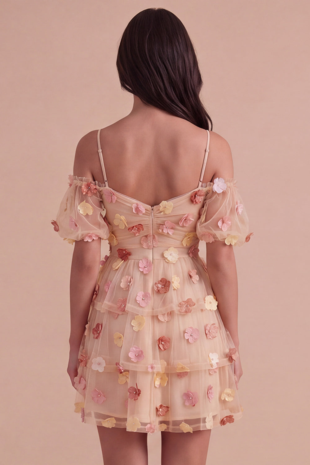 Champagne Cold Shoulder A-Line Tiered Short Homecoming Dress with 3D Flowers