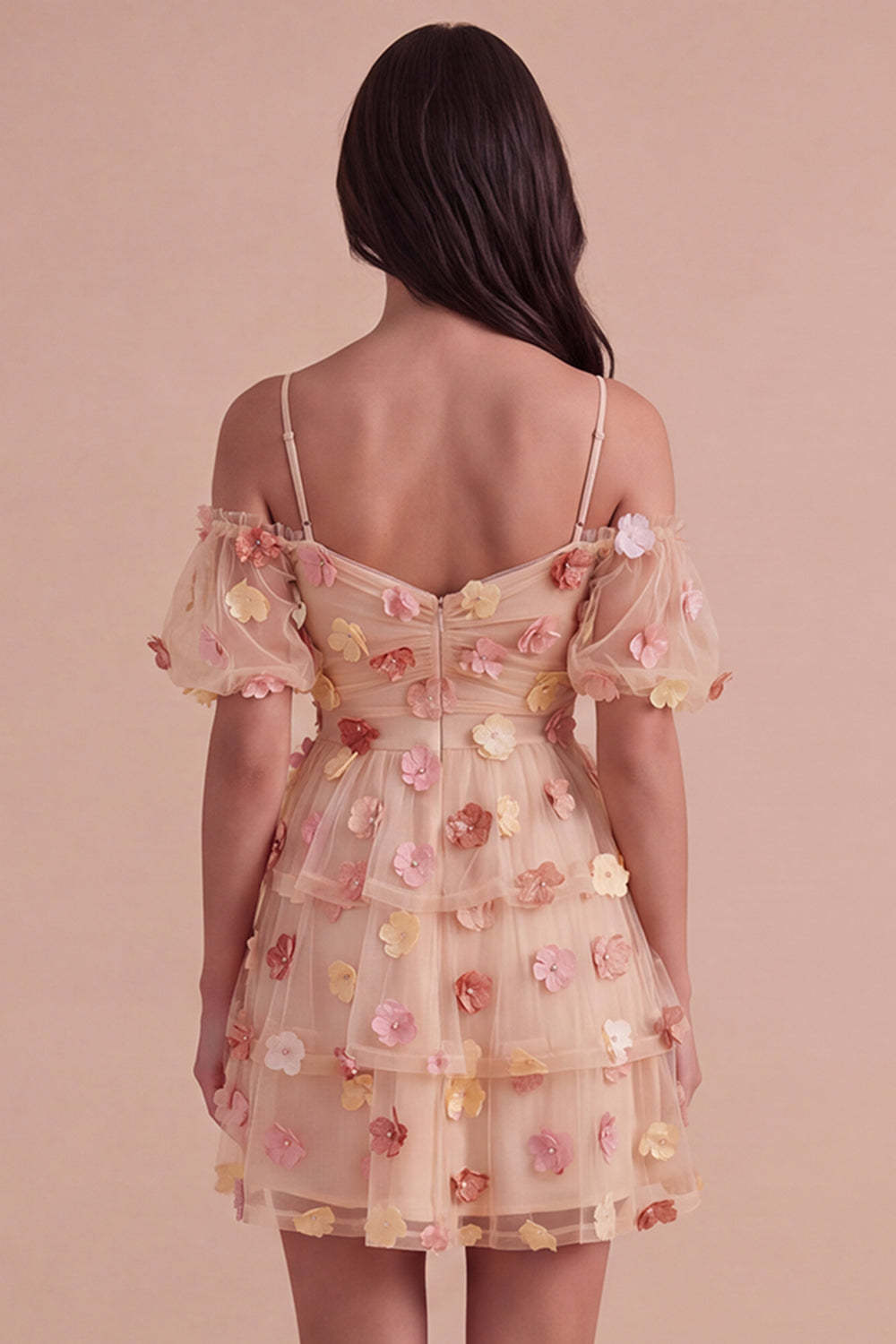 Champagne Cold Shoulder A-Line Tiered Short Homecoming Dress with 3D Flowers